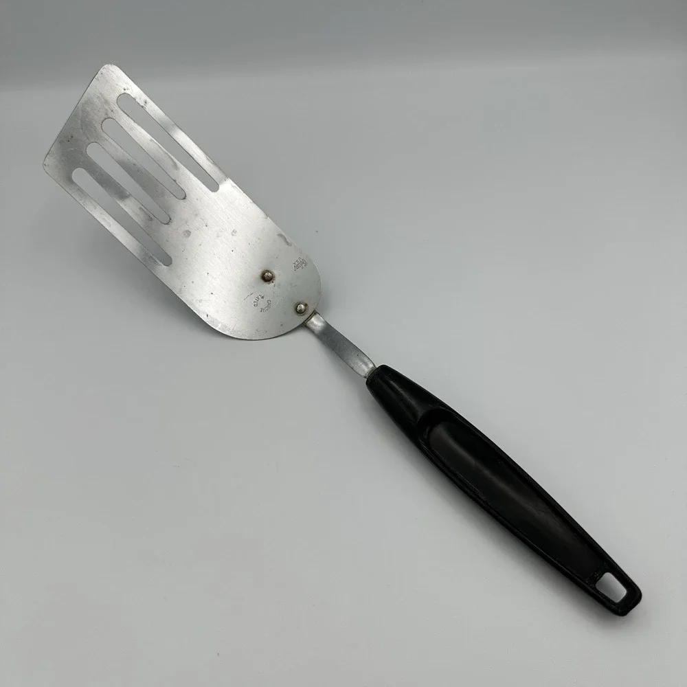 Vtg FOLEY USA Slotted Angled Spatula Chrome Black Plastic Handle Kitchen Utensil